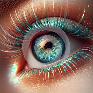 Close-up of a human eye with teal eyeliner and shimmering eyeshadow