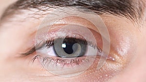 Close-up of human eyes. Beautiful eye of young man with pupil shrinking from light. Human eye gray and brown shade with photo