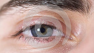 Close-up of human eyes. Beautiful eye of young man with pupil shrinking from light. Human eye gray and brown shade with