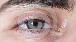 Close-up of human eyes. Beautiful eye of young man with pupil shrinking from light. Human eye gray and brown shade with