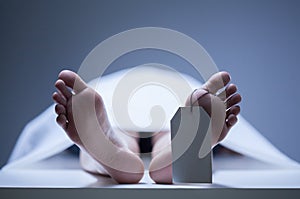 Close-up of human feet in morgue