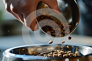 Close up of human filling pet bowl with dry kibble food