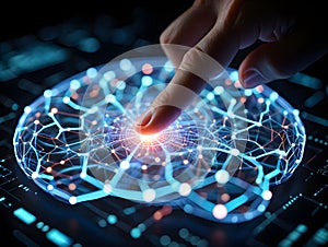 Human finger interacting with a glowing digital brain network, symbolizing AI and technology
