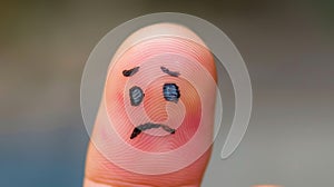 Close-up of a human fingertip with a sad face drawn on it photo