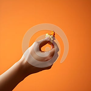 Hand Holding Crispy Fried Chicken Nugget Piece on Orange Background, Generated AI