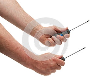 Close up of human hand holding steel crosshead screwdriver with black and blue rubbers handle. Isolated on white background with