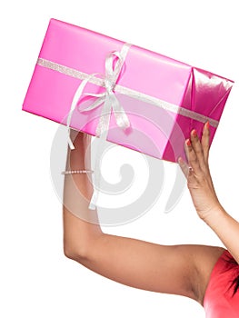 Close up of human hands with box gift. Christmas