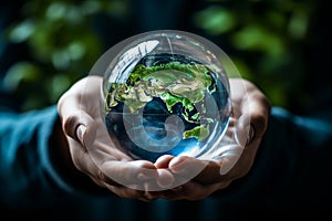 Close up of human hands holding glass globe with planet earth inside. Earth day concept. Ai generative