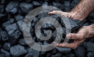 Close up of human hands holding pile of coal