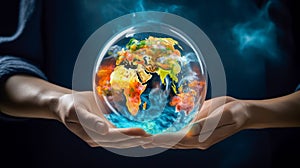 Close up of human hands holding planet earth in a glass sphere