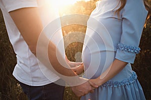Close up of human hands holding pregnant belly, closeup happy family awaiting baby, standing on green grass, body part, young fami