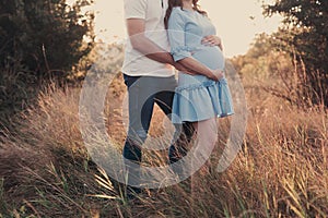 Close up of human hands holding pregnant belly, closeup happy family awaiting baby, standing on green grass, body part, young fami