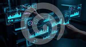 Futuristic Hands Interacting with Holographic Data Dashboard