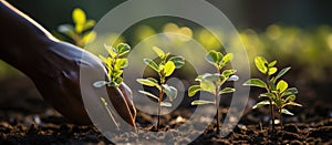 Close-up of human hands planting young plant in fertile soil at sunset