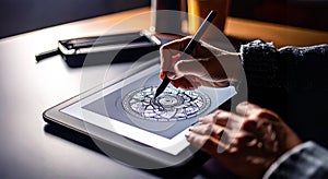 Close-up of human hands using a digital tablet and graphics tablet
