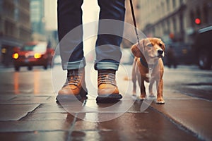 Close up of human legs walking the puppy on in the city