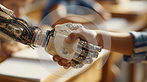 Close-up humanârobot handshake in school setting, representing edtech innovation, digital transformation, and future-ready