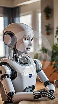 A close-up of a humanoid robot interacting with a smart home system.