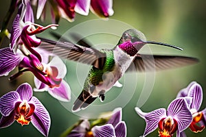 A close-up of a hummingbird in mid-flight, wings blurred with speed, sipping nectar from a vibrant orchid