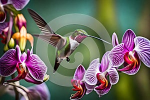 A close-up of a hummingbird in mid-flight, wings blurred with speed, sipping nectar from a vibrant orchid