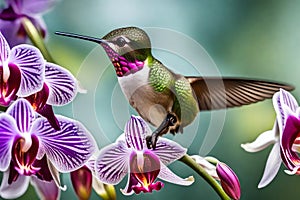 A close-up of a hummingbird in mid-flight, wings blurred with speed, sipping nectar from a vibrant orchid