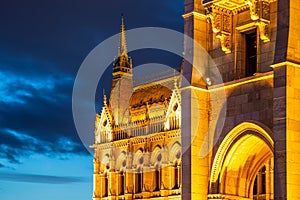 Close-up of Hungarian Parliament building at night. Budapest, Hungary