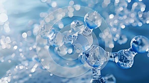 A close-up of a hydrogen molecule against a blue, bokeh background