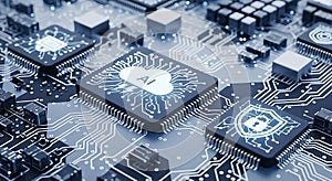 Close up of A I and security chips on a blue circuit board computer chip artificial intelligence