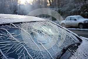 close-up of ice-covered windshield wipers on car