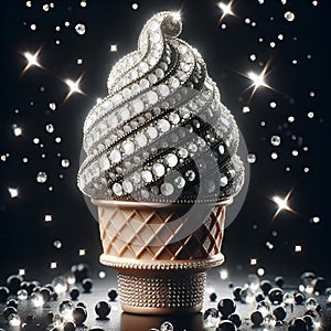 A close-up of an ice cream cone. A ball of white ice cream in a waffle cone in rhinestones. Extravagant bright photo, creative