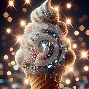 A close-up of an ice cream cone. A ball of white ice cream in a waffle cone in rhinestones. Extravagant bright photo, creative