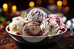 Close up of ice cream scoops of different flavors in metal bowl