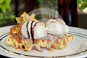 Close up of ice cream and waffle.