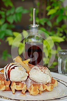 Close up of ice cream and waffle.