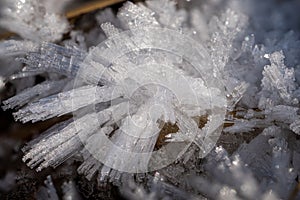 Close-up of ice crystals on a frozen lake ice