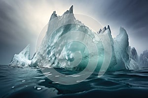 close-up of an iceberg tip splintering into the ocean