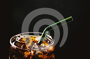 Close up iced cola glass. Sparkling water soft drinks in glass