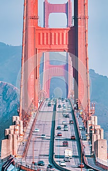 Close-up iew of Golden Gate bridge, San Francisco city