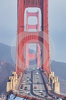 Close-up iew of Golden Gate bridge, San Francisco city