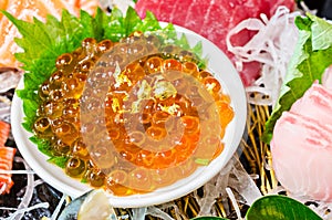 Close up ikura salmon roe in sashimi set