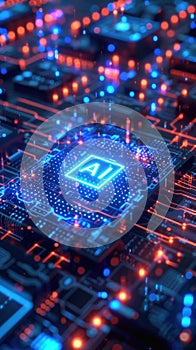 Close-up of an illuminated AI microchip on a circuit board, highlighting advanced technology and artificial intelligence concept
