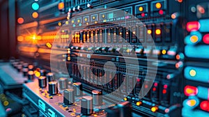 Data Center Hardware with Complex Network Devices and Blinking Lights for Server Operations