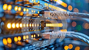 Network Cables Connected to Servers in a Data Center with Blinking Lights