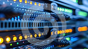 Data Center Server Racks with Cables and Blinking Lights Showcasing Complex Network