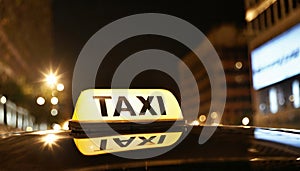 Close up of illuminated taxi sign on roof car in night city