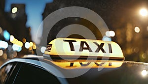 Close up of illuminated taxi sign on roof car in night city