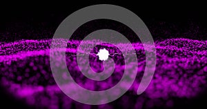 Close-up of illuminated white abstract pattern on purple dots against black background, copy space