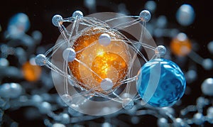 Close-up illustration of an atom with protons and neutrons