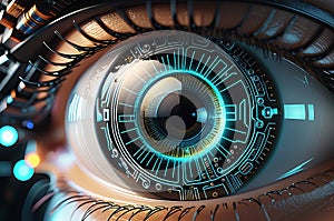 a close-up illustration of a cybernetic eye, seamlessly infused with cutting-edge technology