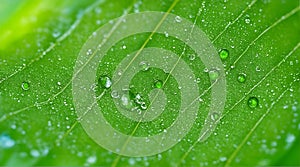 Close-up illustration of a fresh green leaf with dew drops on the leaf. Background. generative AI